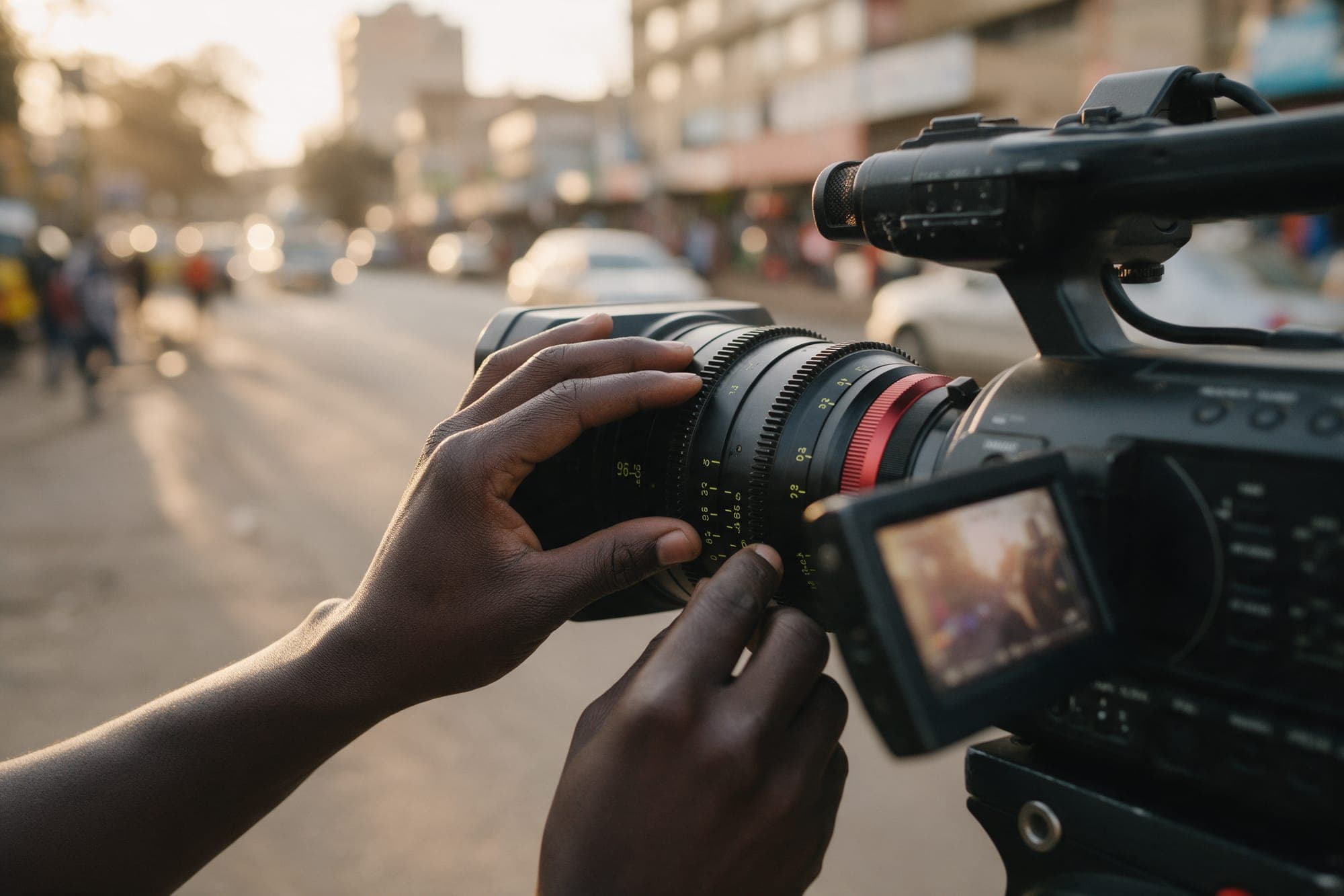 Hands turning the aperture ring on a cinema lens at golden hour