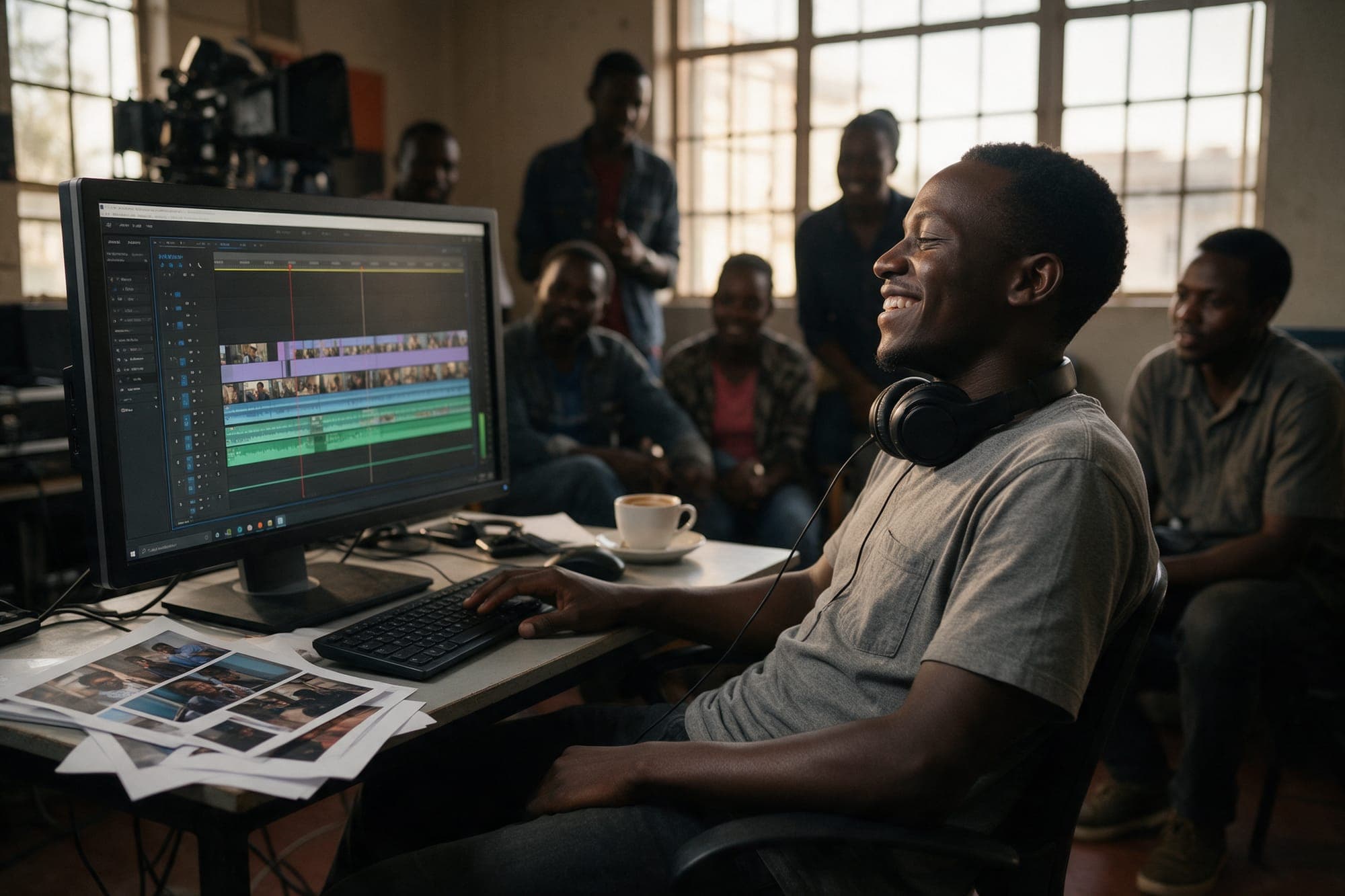 An editor smiling at a long timeline