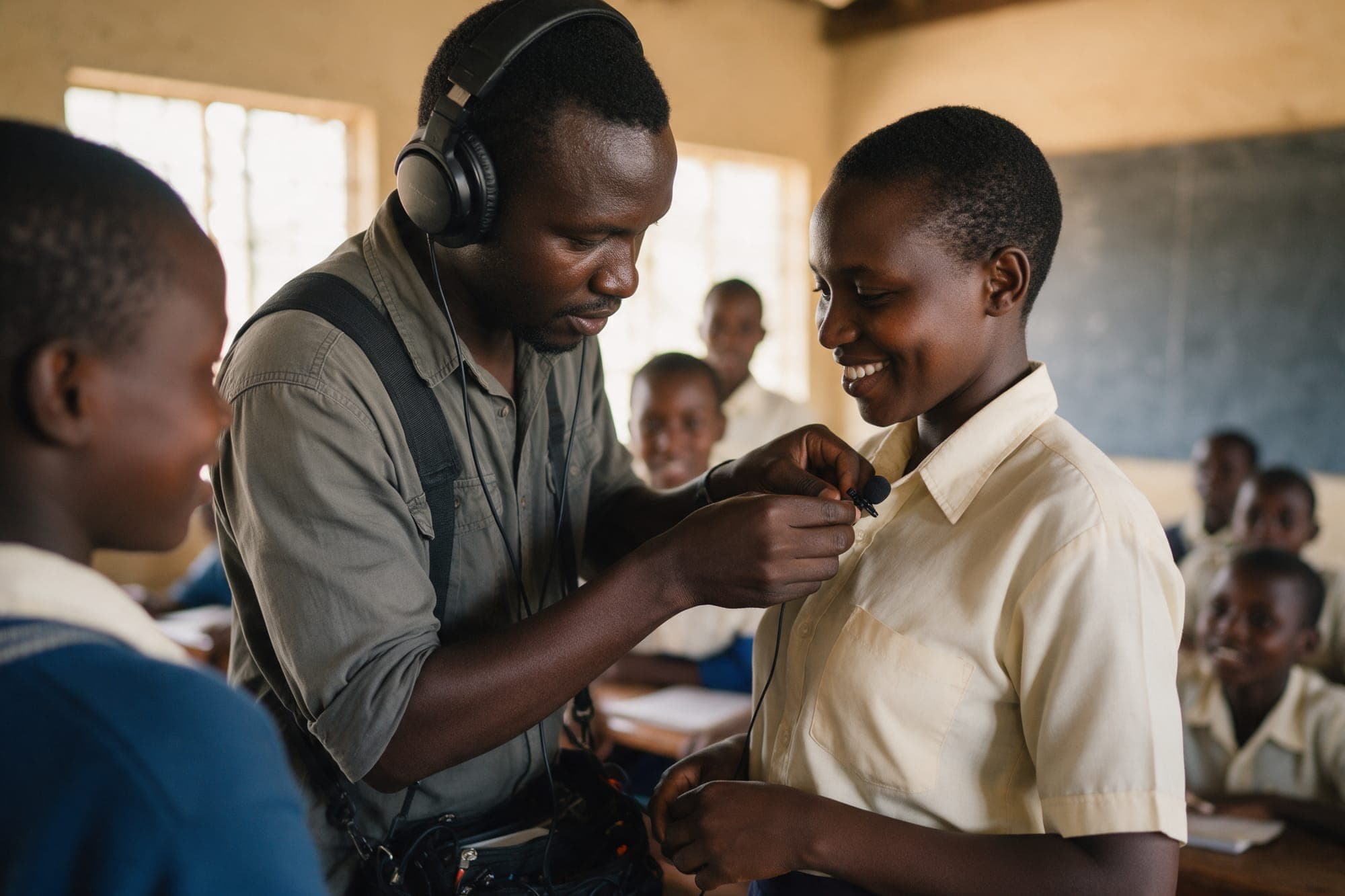 A sound recordist clipping a lapel mic onto a teacher